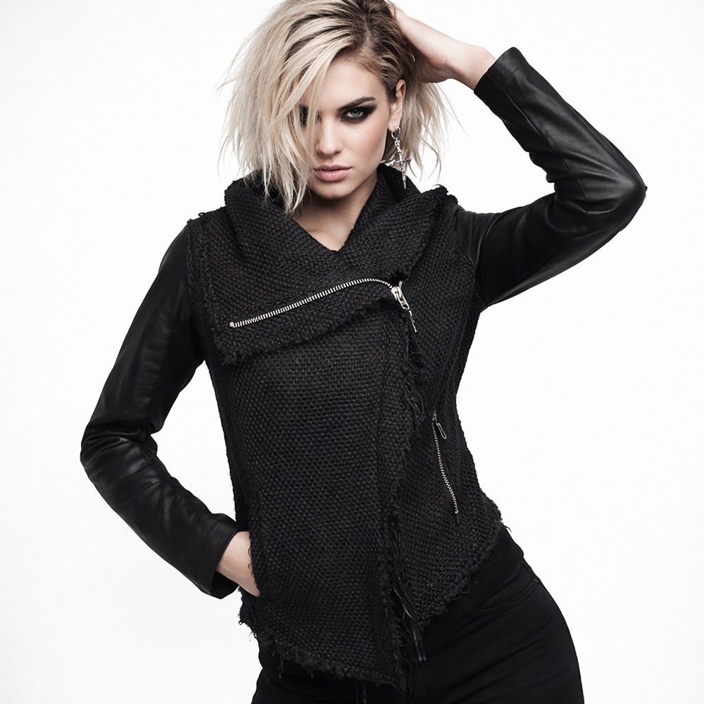 BLANK NYC Textured Knit Faux Leather Moto Jacket A Symmetrical Zip Black Size XS